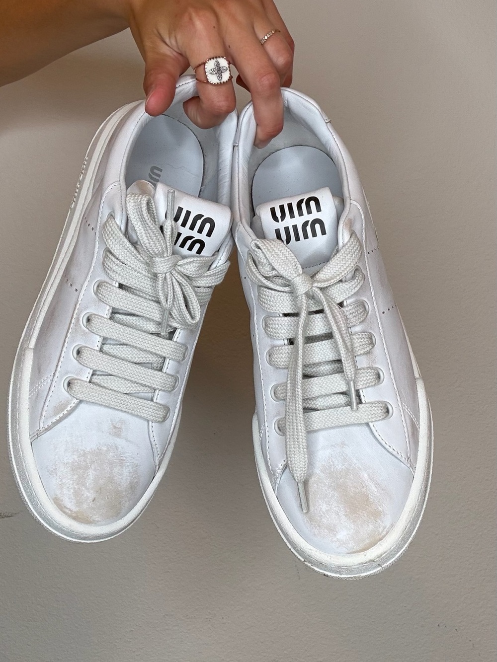 Miu Miu White Distressed Women's Low-Top Leather Sneakers